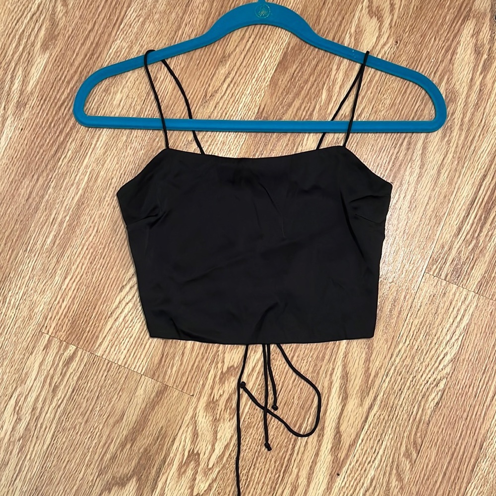 BLACK SILK CROP TOP W/ TIE BACK